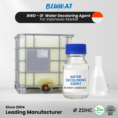 مزيل اللون BWD-01 للمياه لمعالجة مياه الصرف الصحي في مصانع معالجة الأقمشة والورق واللب في إندونيسيا